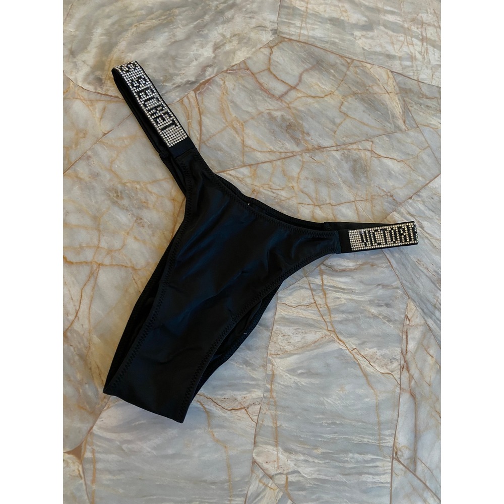 Victoria's Secret Very Sexy Black Brazilian Panty Rhinestone Logo Straps Small